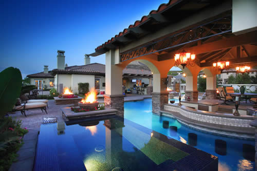 © Scott Cohen - Formal modern resort pool design with swim up bar fire and    water feature 2